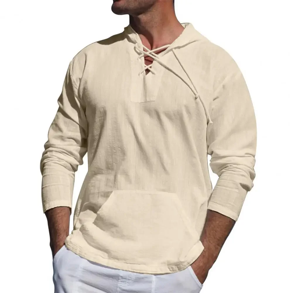 Spring Summer Cotton Linen Men\'s Hooded Pullover Solid Thin Long Sleeve Shirts With Hat Casual String Lace Up T-shirts Men Tops