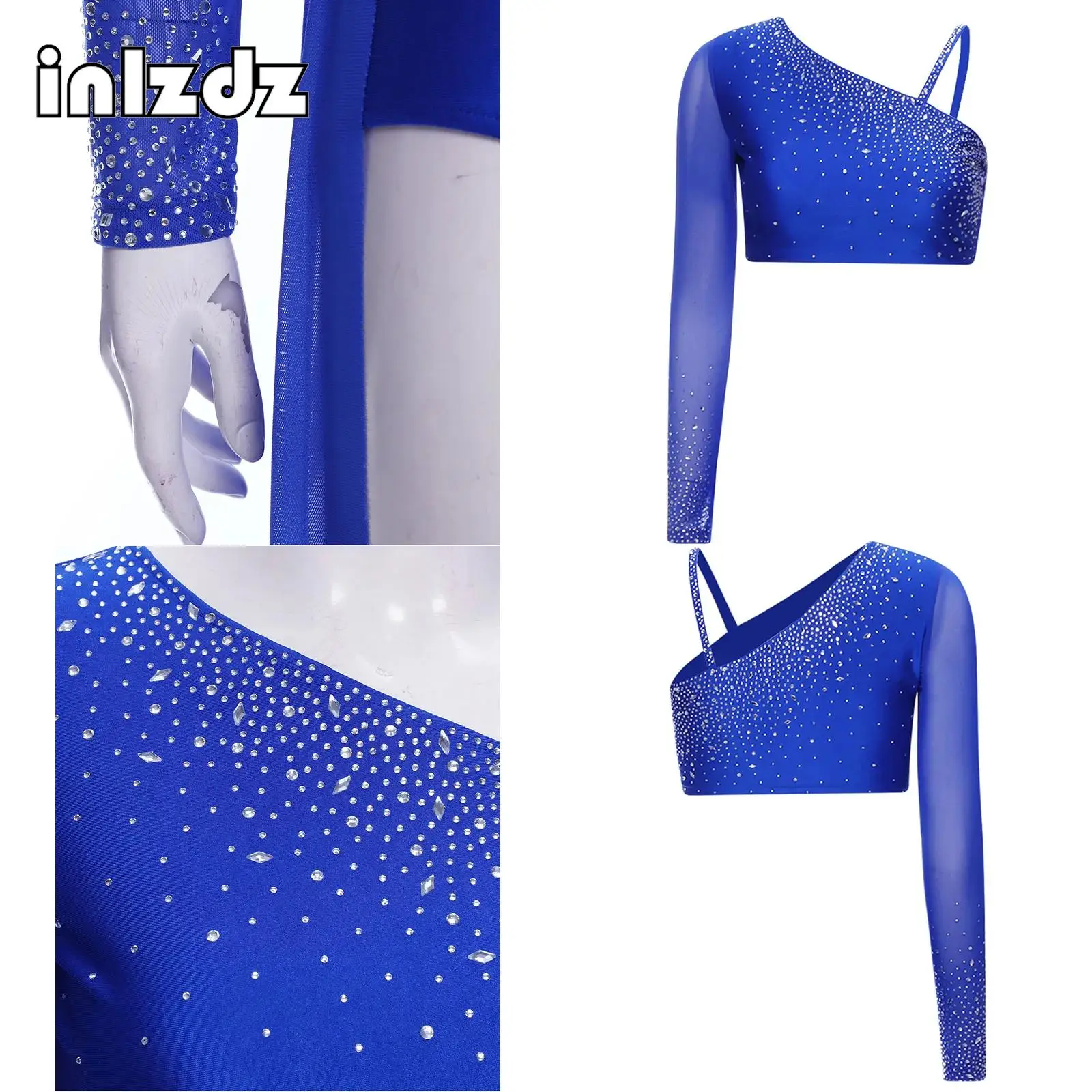 

Womens Long Sleeve Asymmetrical Shoulder Glitter Rhinestone Pullover Crop Top for Lyrical Contemporary Performance Dancewear