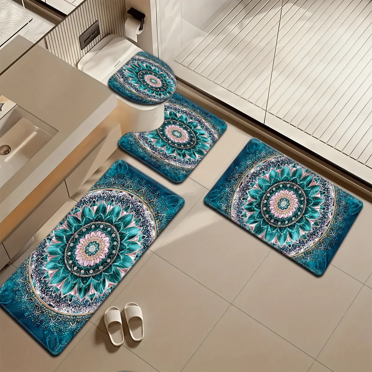 

4 Piece Boho Mandala Bath Mat Set Non Slip Starry Sky Bathroom Rug Soft Shower Carpet Toilet Mats Home Decor