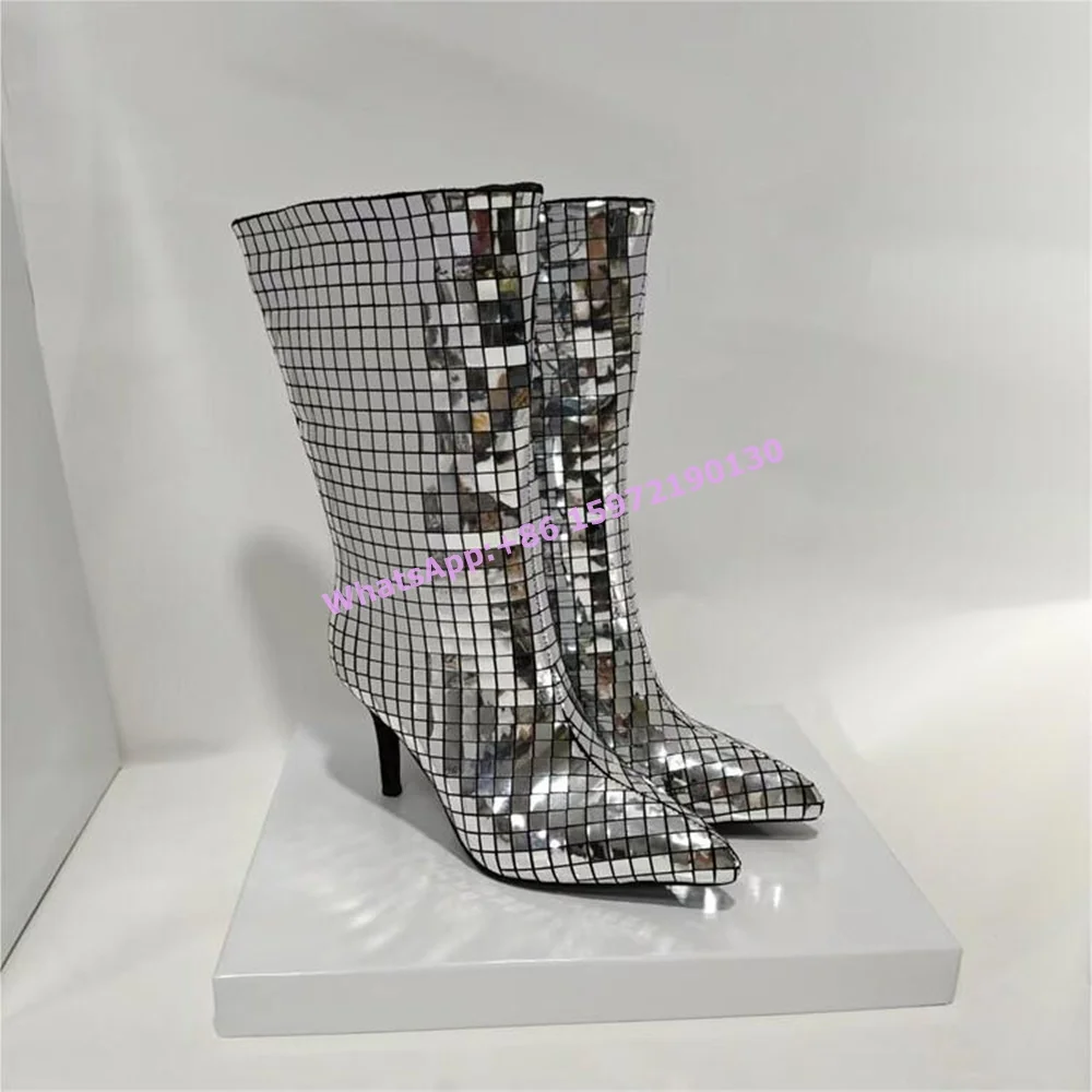 

Bling Silvery Short Boots Square Glitter Slip On Pointy Toe Thin Heels Luxury Sexy Stage Runway Shoes Women's Shiny Winter Boots