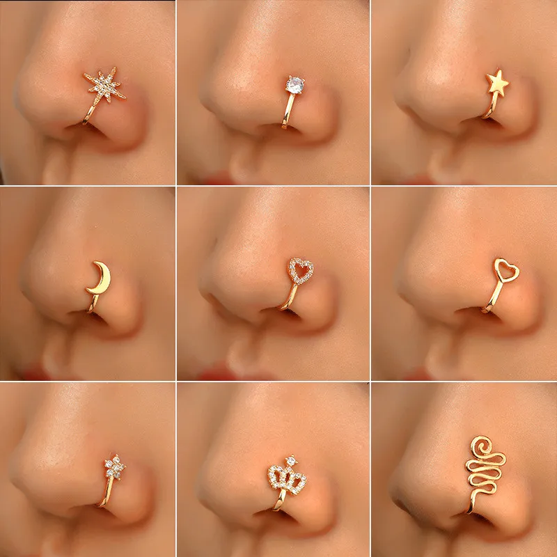 1Pc Copper Fake Piercing Nose Ring Butterfly Crown Star Heart Clip On Nose Ear Clip Cuff Earring for Women Gift Body Jewelry Nez