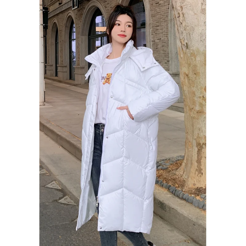 Women Black Medium Length Down Jacket White Hood Coat Fashion Windproof Thicken Duck Down Feather Female Solid Winter Outwear