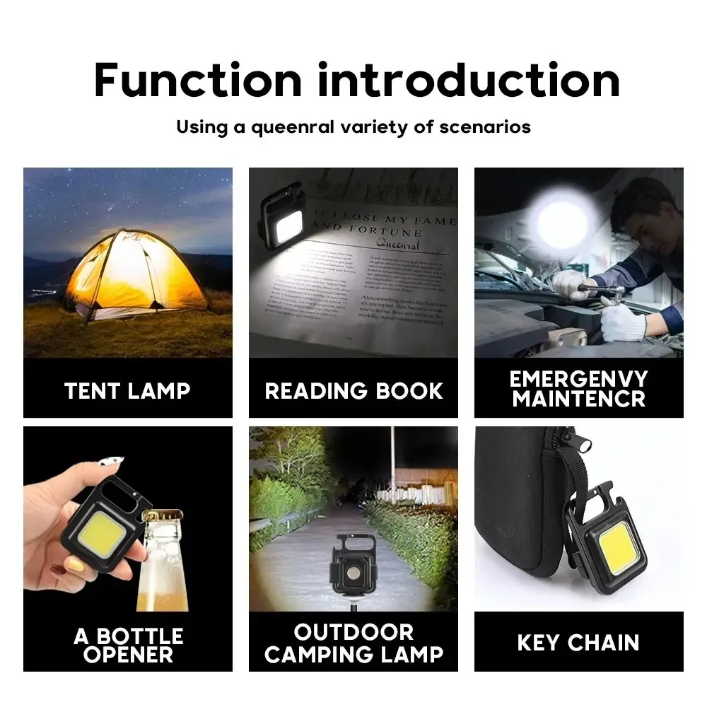 Multifuncional Mini Lanterna LED Chaveiro, Lâmpadas portáteis COB Camping, Carregamento USB, Luzes de trabalho, ao ar livre, Pesca, Caminhadas