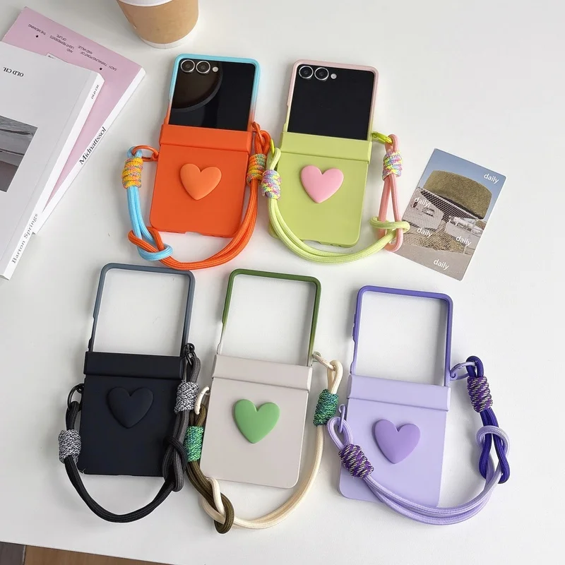Luxury Double Color Contrast Lanyard Case for Samsung Galaxy Z Flip 8 7 ZFlip 6 5 4 3 Love Heart Wrist Strap Shockproof Cover