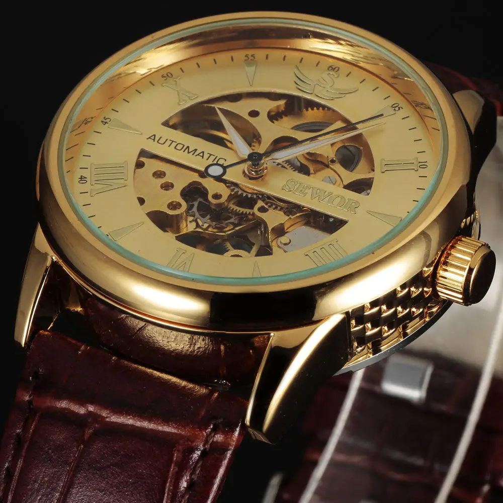 

2023 Sewor Watch Men Gold Skeleton Watches Leather Band Mechanical Hand Wind Wristwatches Men Relogio Masculino Reloj Hombre