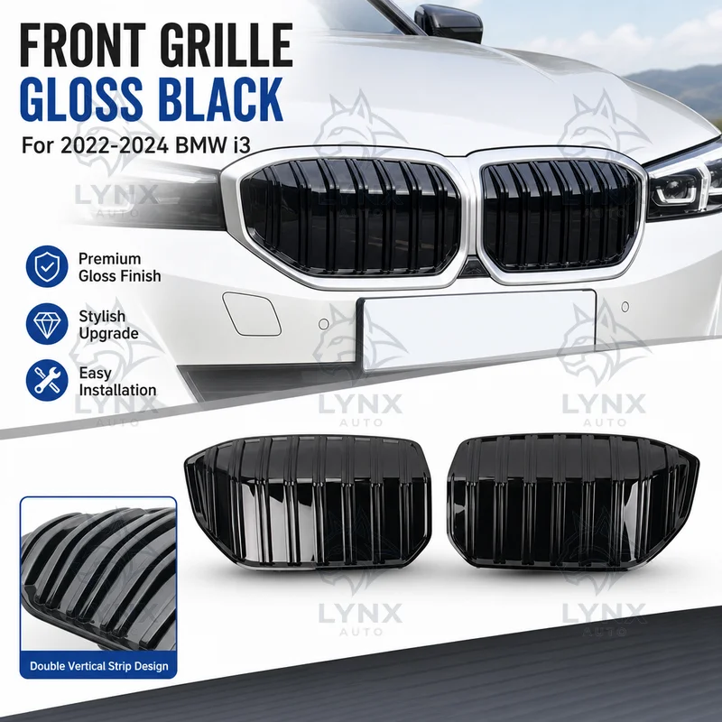 For 22-24 BMW i3 Electric Car Front Grille Two Piece Double Vertical Strip Gloss Black Silver Modified Sticky