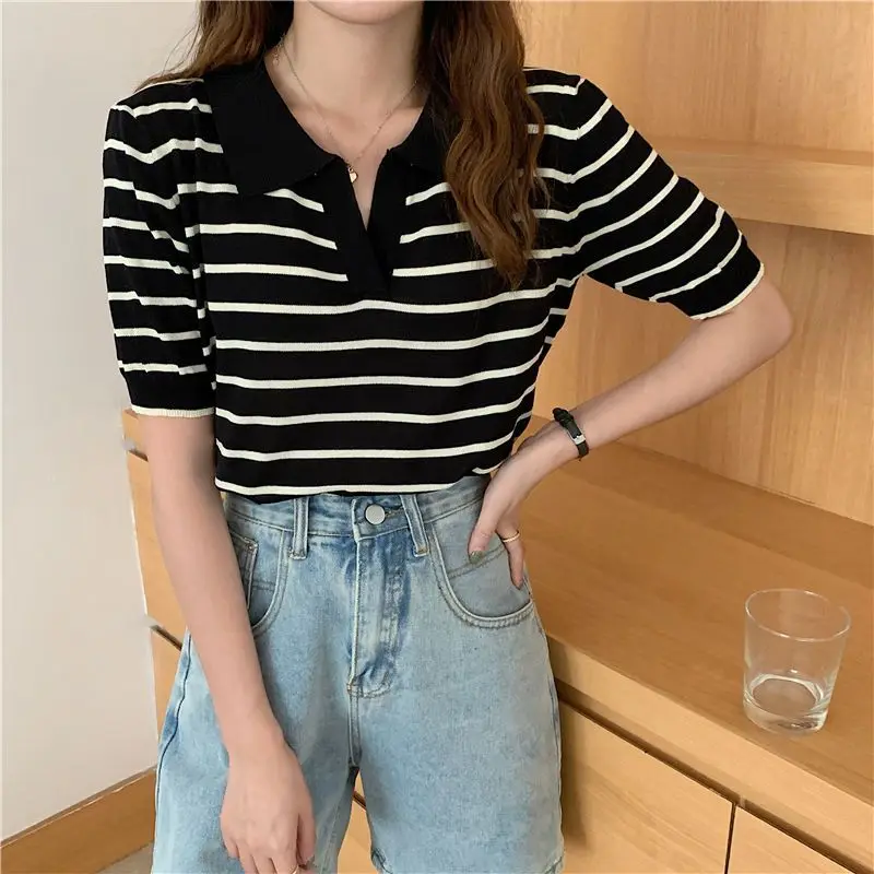 Summer New Ice Silk Striped Knitting Tops Polo Neck Short Sleeve Loose All-match Pullovers Vintage Fashion Women Clothing