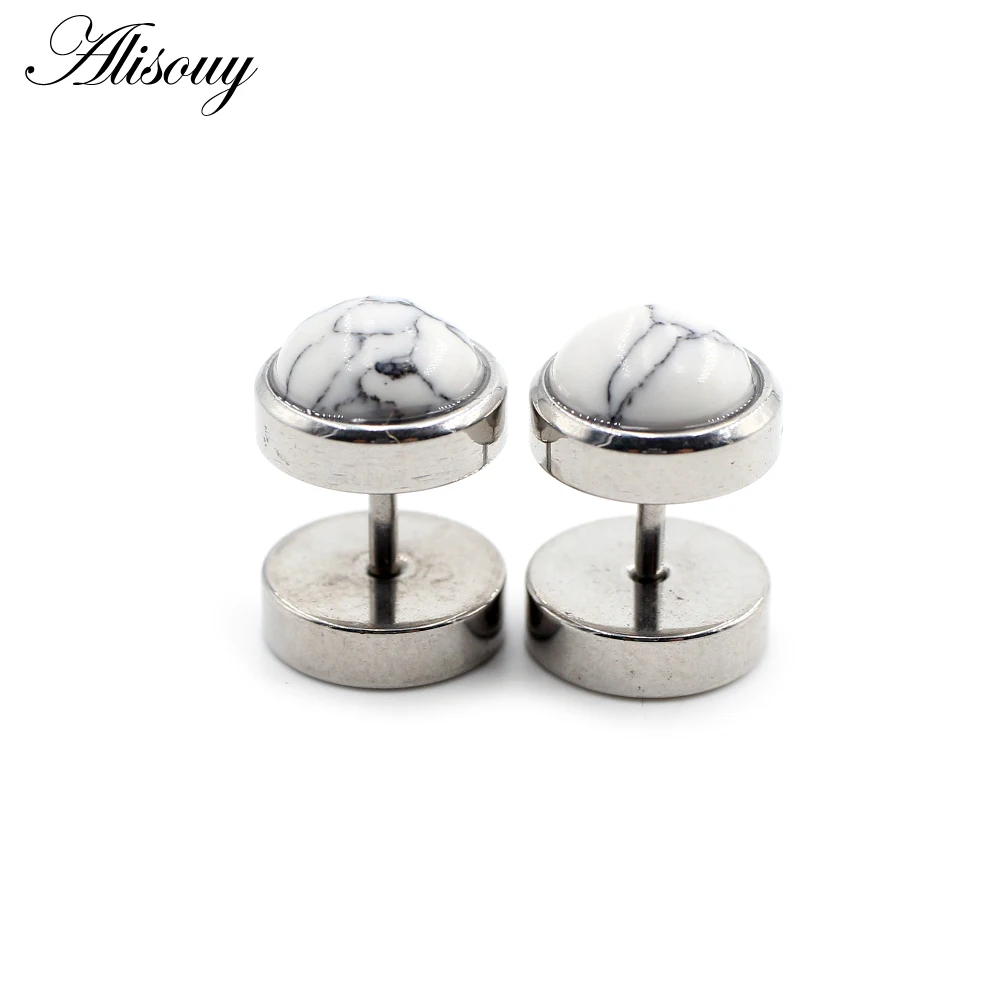 Alisouy 2pcs Punk Natural Stone Opal Stainless Steel Men Women Barbell Dumbbell Ear Studs Earrings Tragus Helix Piercing Jewelry