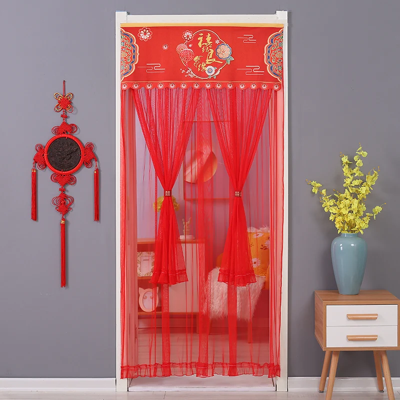 2024 New Red Wedding Lace Door Curtain Living Room Bedroom Partition Cloth Art Silk Curtain No Punching Required Home Decor