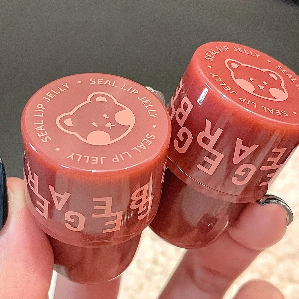 Waterproof Jelly Mirror Lip Mud Cute Bear Seal Lip Glaze idratante riduce la linea delle labbra rossetto liquido nutriente trucco cosmetico