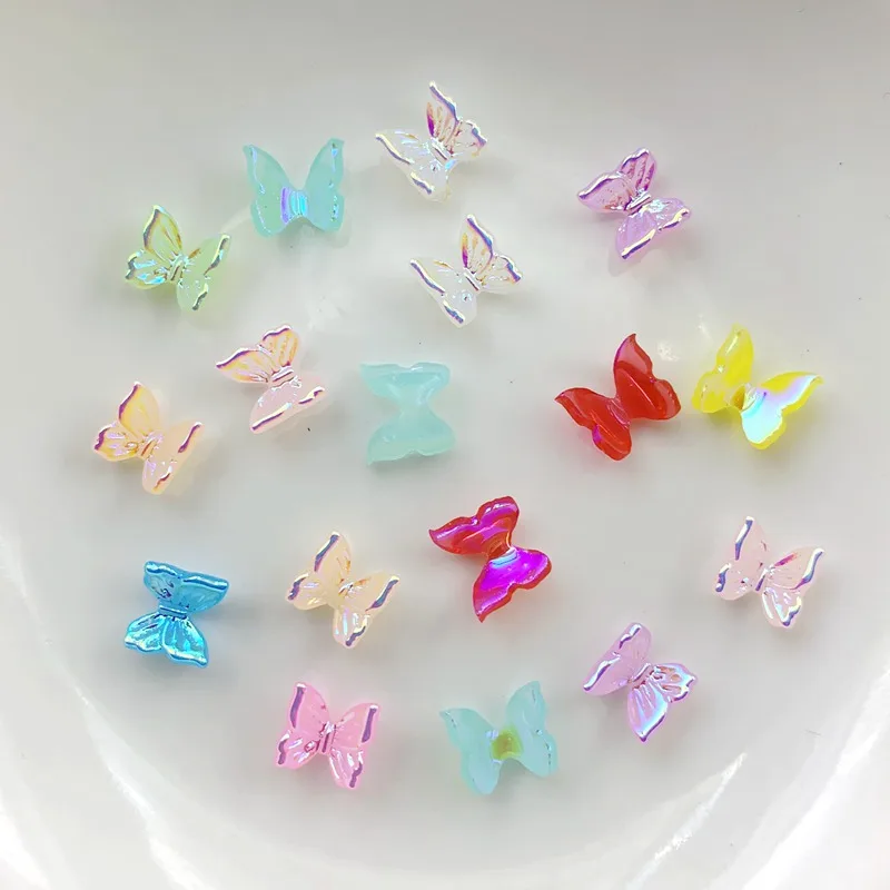 60Pcs 3D Nail Charms Gummy Butterfly 7x8mm Aurora AB Colors Butterfly Resin Stones Gel Polish Rhinestones For Manicure UV Gel