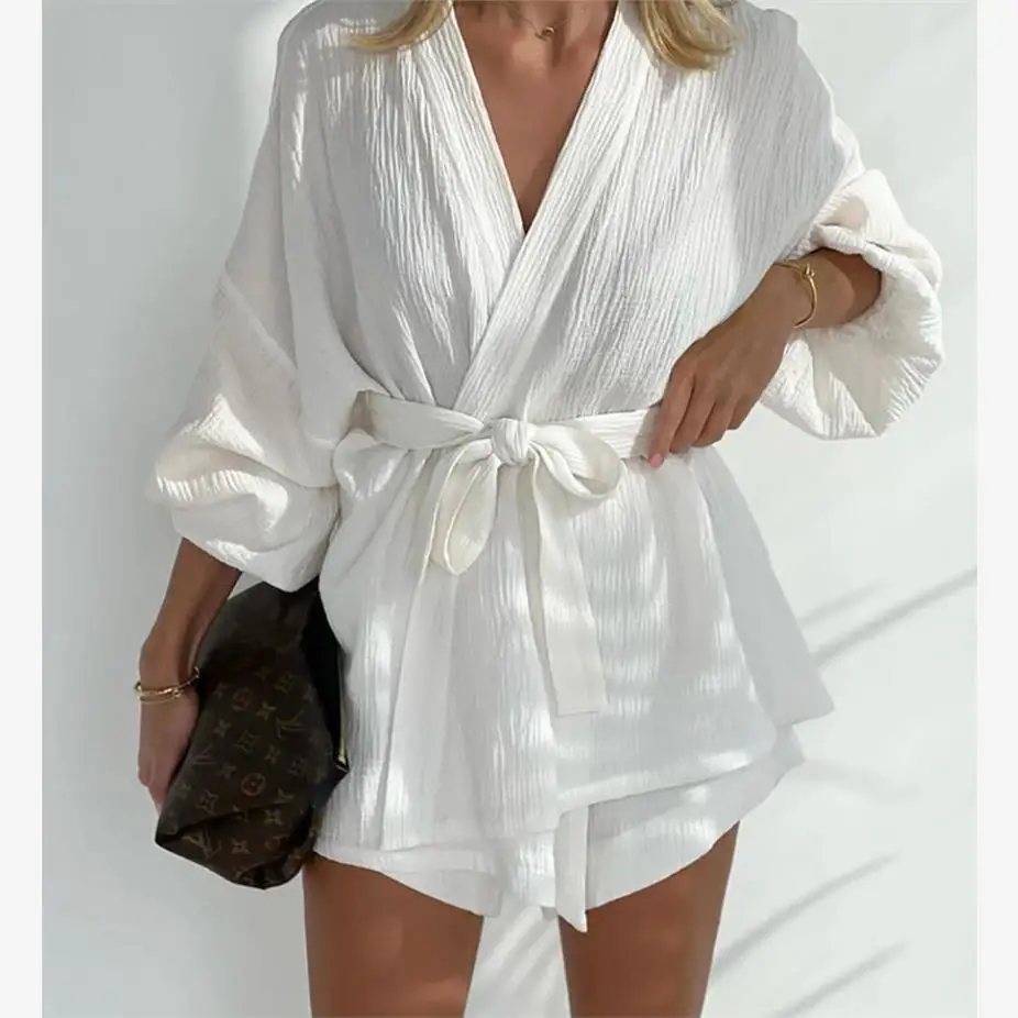 

Women's Pure Cotton Long Sleeve Shirt Shorts Set with Belt Lantern Style Top Bottoms Summer Fashion Outfit 18-25 Years Old
