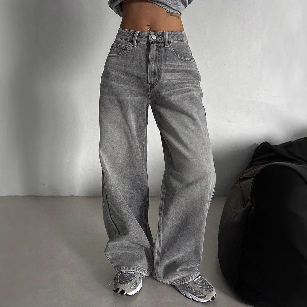 Women's High Waist Gray Baggy Jeans Oversized Wide Leg Washed Denim Pants Loose Straight Trousers For Streetwear & Daily Wear