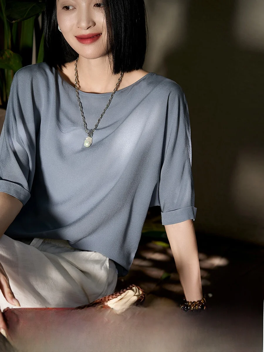 

Новая летняя женская блузка с одним открытым плечом из шелка Blue Wind Whine, свободного кроя, в офисном стиле, тонкая модель, в китайском стиле.