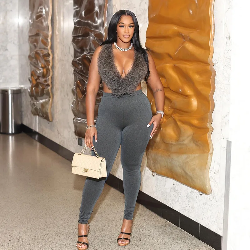 

Sexy 2 Piece Set Women Tracksuit 2025 Summer Halter Backless Furry Tank Tops Leggings Matching Outfits Party Club Streetwear