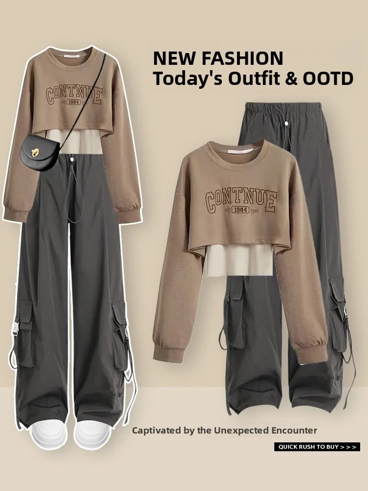 패셔너블한 출퇴근룩 여성용 라운드넥 긴팔 스웨트셔츠 하이웨이스트 슬림핏 바지 투피스 세트