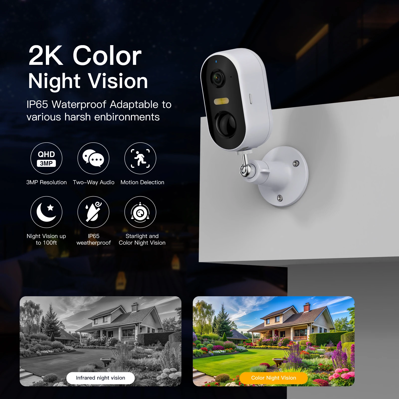 ARENTI 2K 3MP Battery Powered Wireless Camera Outdoor for Home Security AI Motion Detection, IP65 Waterproof Color Night Vision