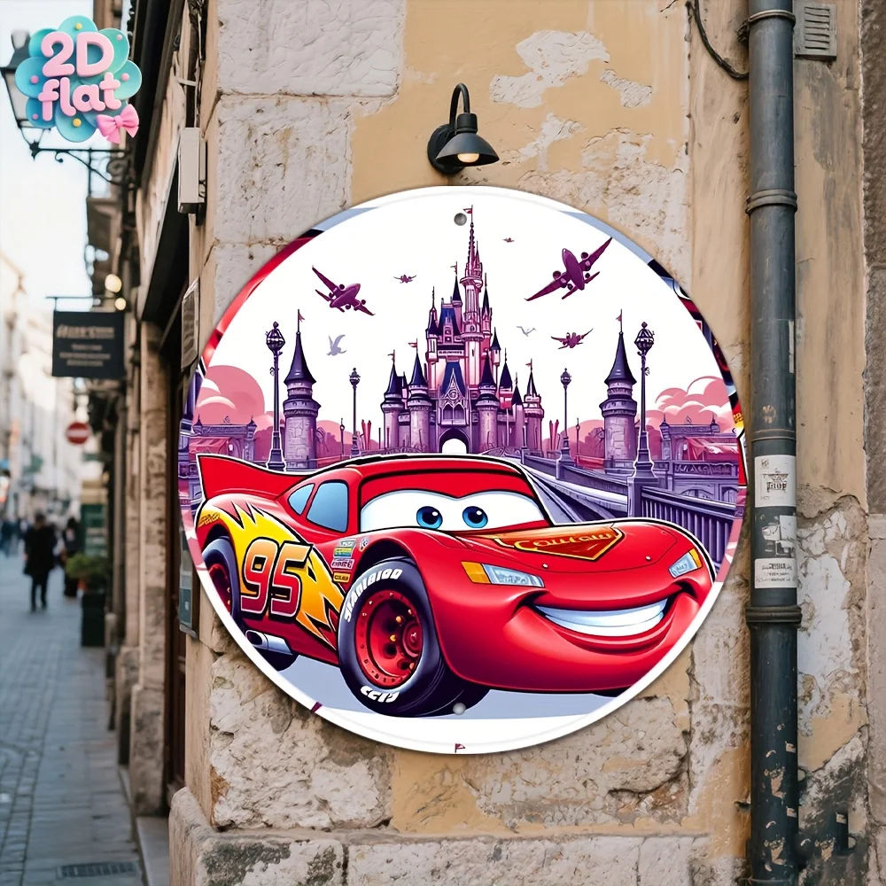 مسطح ثنائي الأبعاد، قطعة واحدة من DISNEY، لافتة دائرية ثنائية الأبعاد، لوحة ألومنيوم دائرية بطابع السيارة، 8 × 8 بوصة، مناسبة لغرفة المعيشة وغرفة النوم والمقهى والشاي