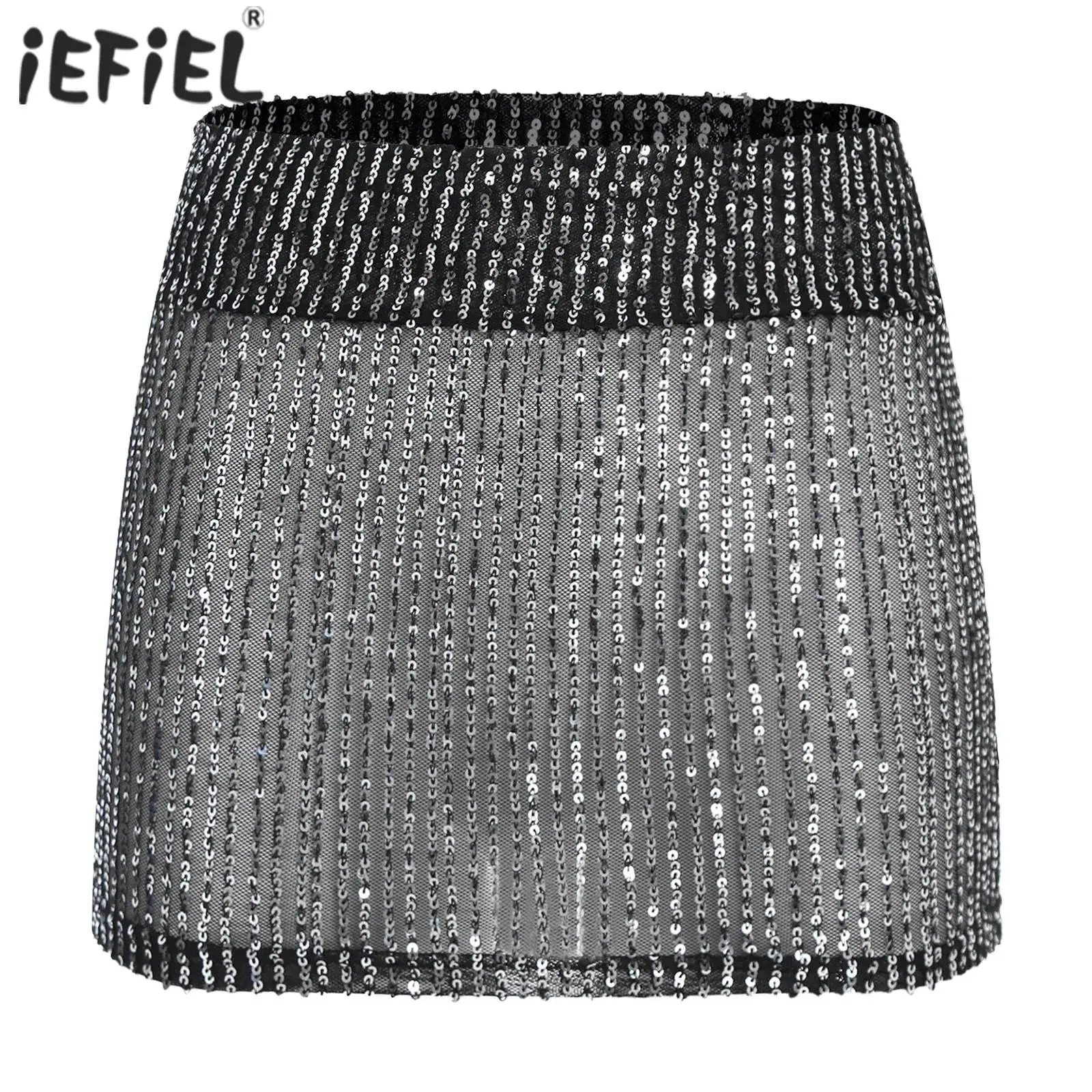 

Womens Sparkly Sequins Slim See Through Club Mini Skirt High Waist See-through Mesh Hip Hugging Skirt Fashion Short Skirt