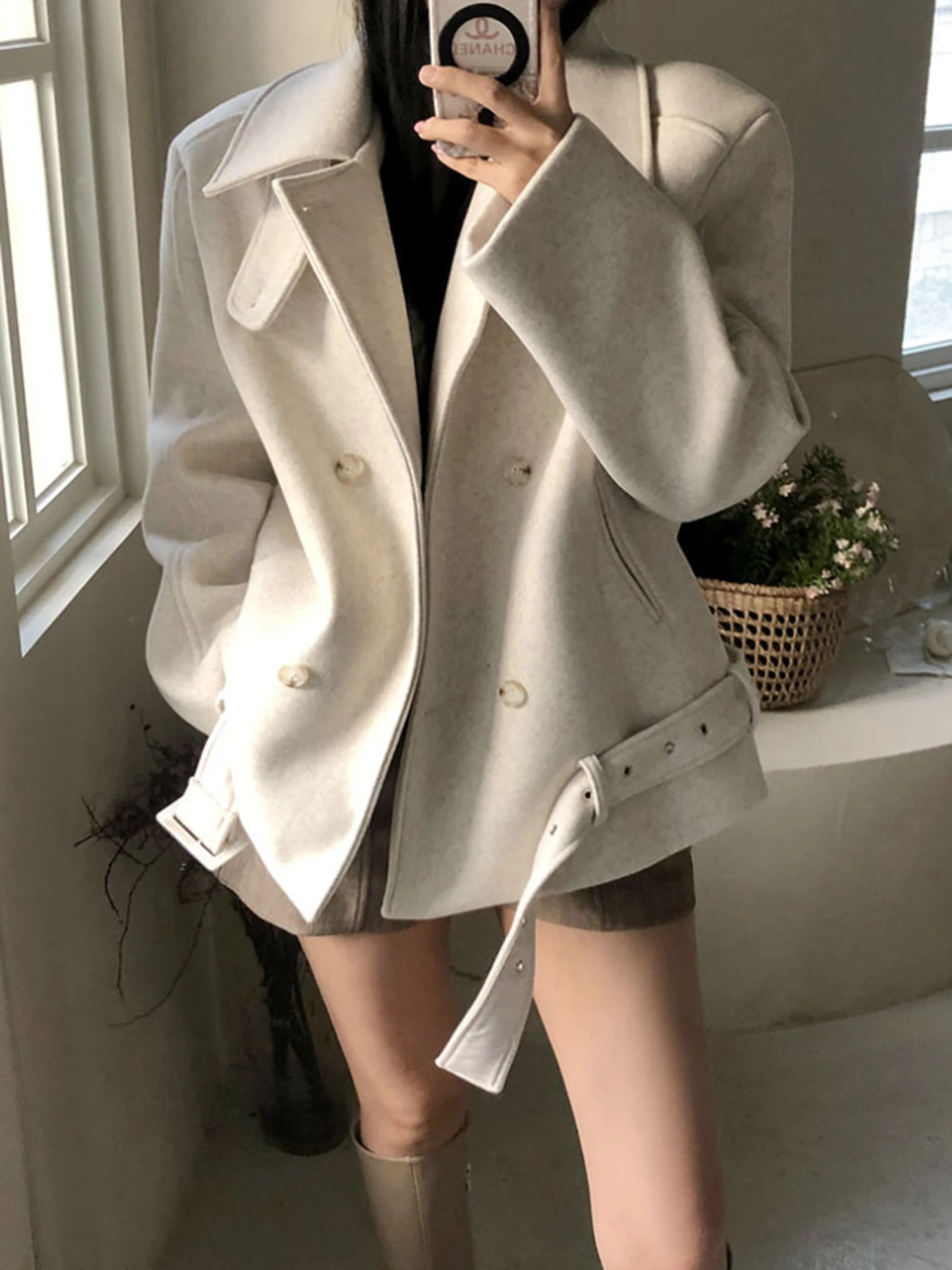 New French Style Retro Lapel Double Breasted Woolen Coat Women's Waist Belt Korean Version Loose Versatile Fashion Solid Color