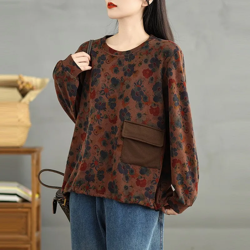 Women Long Sleeve Casual Sweatshirts New Arrival 2024 Autumn Vintage Style O-neck Floral Print Loose Female Basics Tops B2085