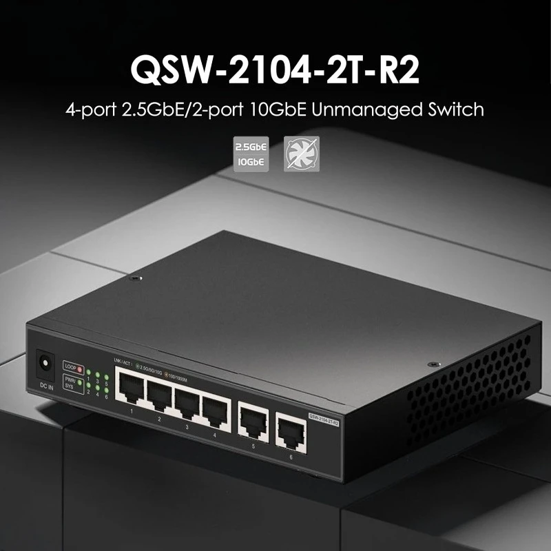

NEW 4-Port 2.5Gbps & 2-Port 10BASE-T Unmanaged Switch (QSW-2104-2T-R2-US)