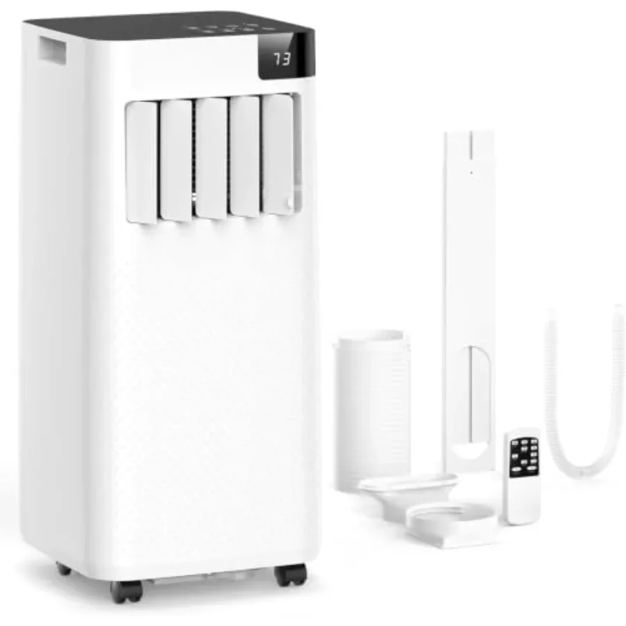 Portable air conditioner for bedroom and apartment use, 10000 BTU cooling capacity, white plastic unit with auto swing and chil