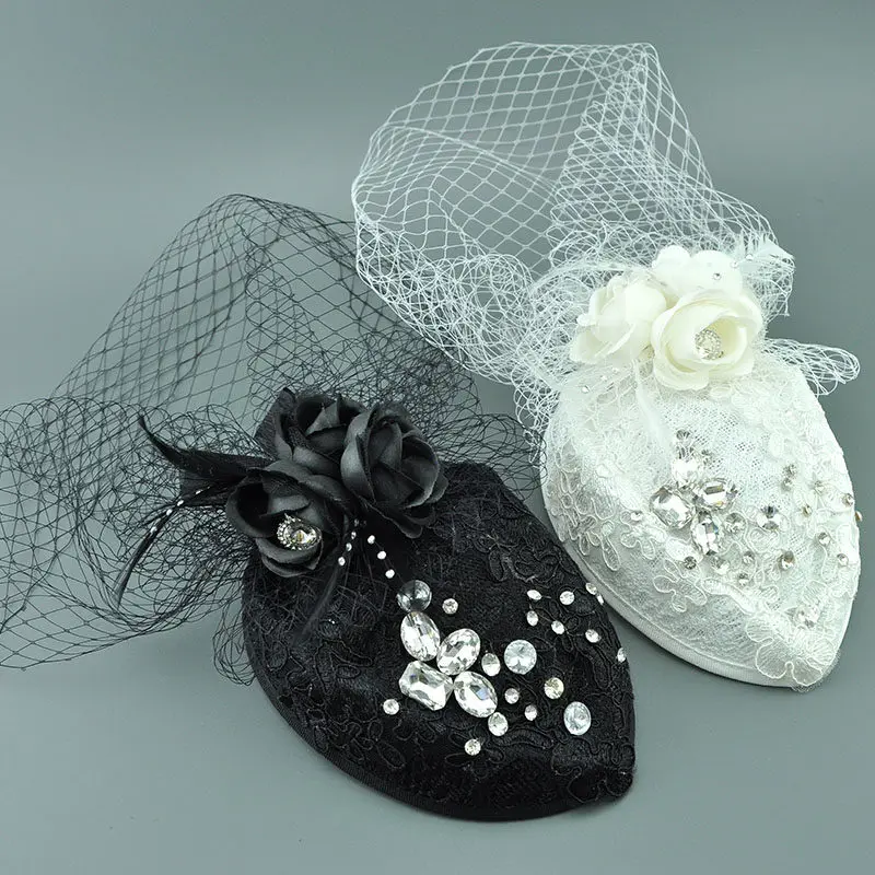 

Luxury Lace Rhinestone Fascinator Hat Hairpins Hairbands French Royal Banquet Party Bride Wedding Hat with Veil Face Headdress