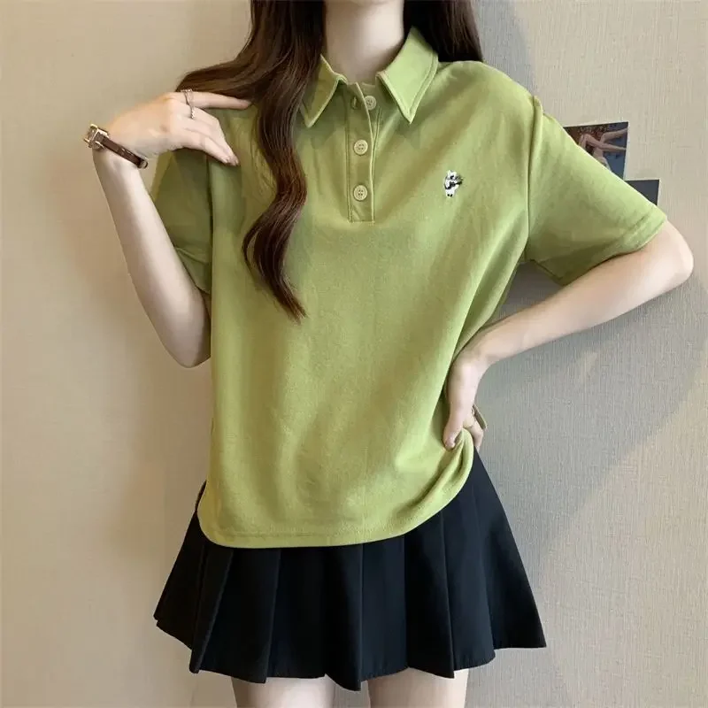 

Embroidery Polo Neck T Shirt for Women Summer Outfit Woman Tshirt Y2k Fashion Korea Clearance One Pieces 90s Vintage Korean Kpop