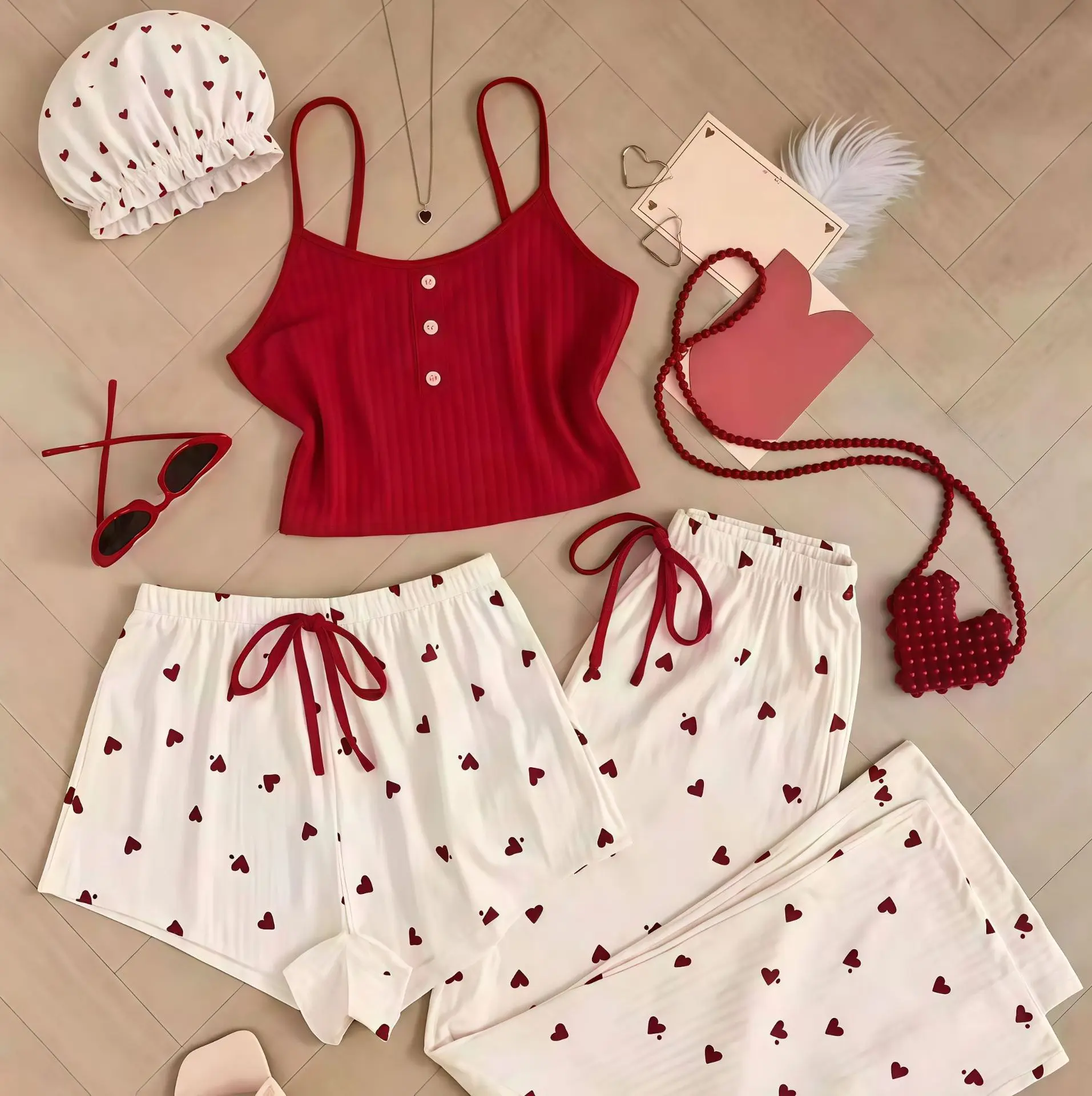 4 Pcs Red Heart Print Sleepwear Suit Cami Top White Shorts Trousers And Cap Romantic Bedroom Intimates Collection Erotic Set