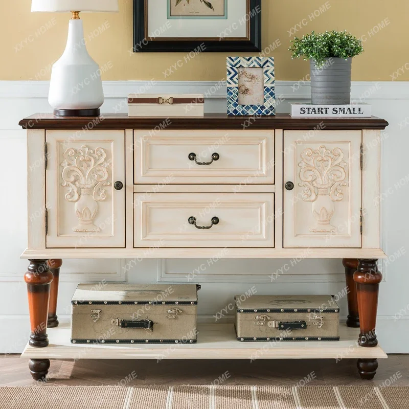 Sideboard, solid wood entryway, wine cabinet, carved end view platform sideboard