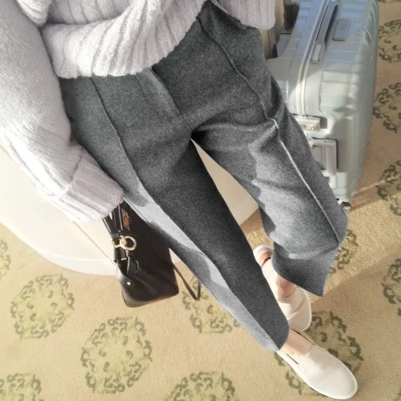 

Korea Woolen Pants Women'S Harem Pencil Pants Autumn Winter High Waist Casual Pantalones Beige Black Office Lady Women Trousers