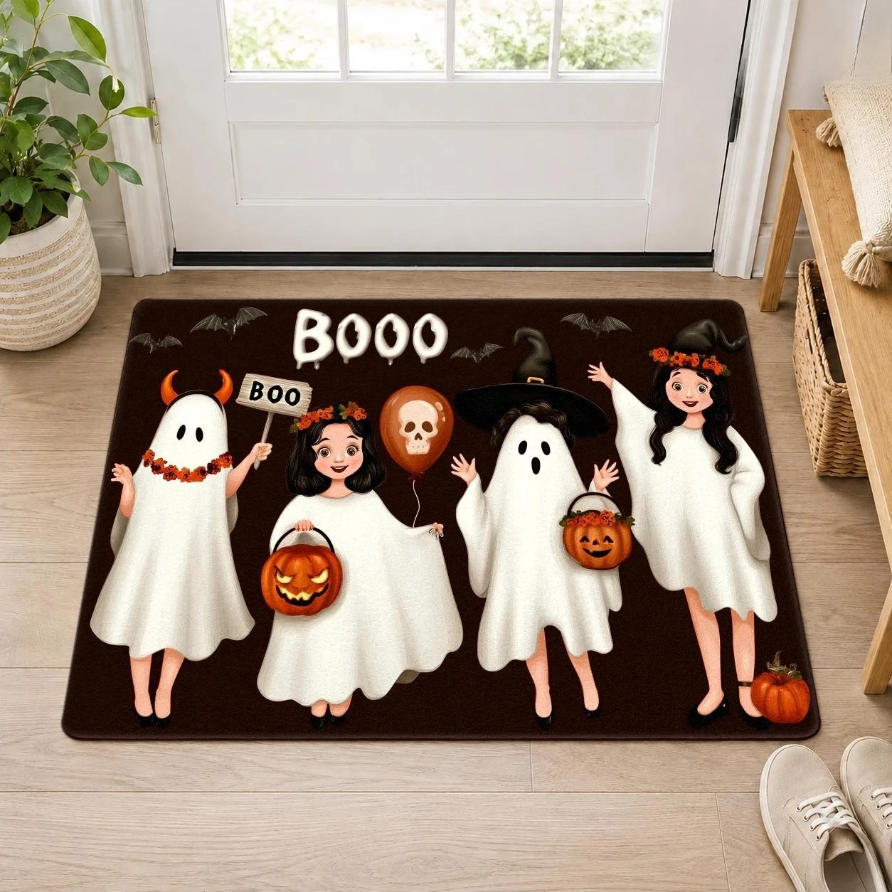 Cute Halloween Decorative Floor Mat Hey Boo Ghost Floral Star Print for Home Entryway Indoor Spooky Season Party Welcome Decor