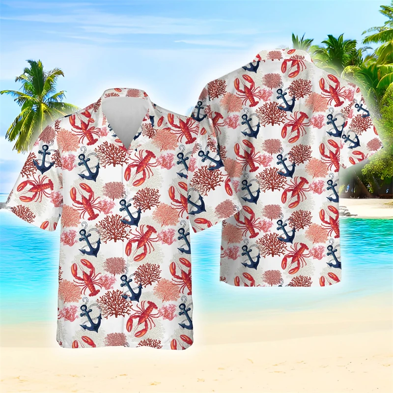 Lobster Anchor 3D Printed Hawaiian Shirts Men Clothes Harajuku Fashion Beach Short Sleeve Tops Vintage Camisas Casuais Flower