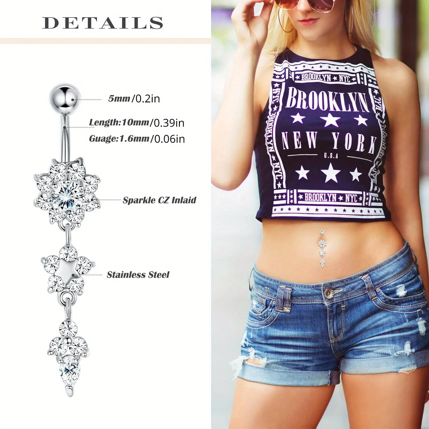 Drperfect 14G Belly Button Rings Dangle 316L Stainless Steel Belly Rings for Women Navel Piercing Jewelry