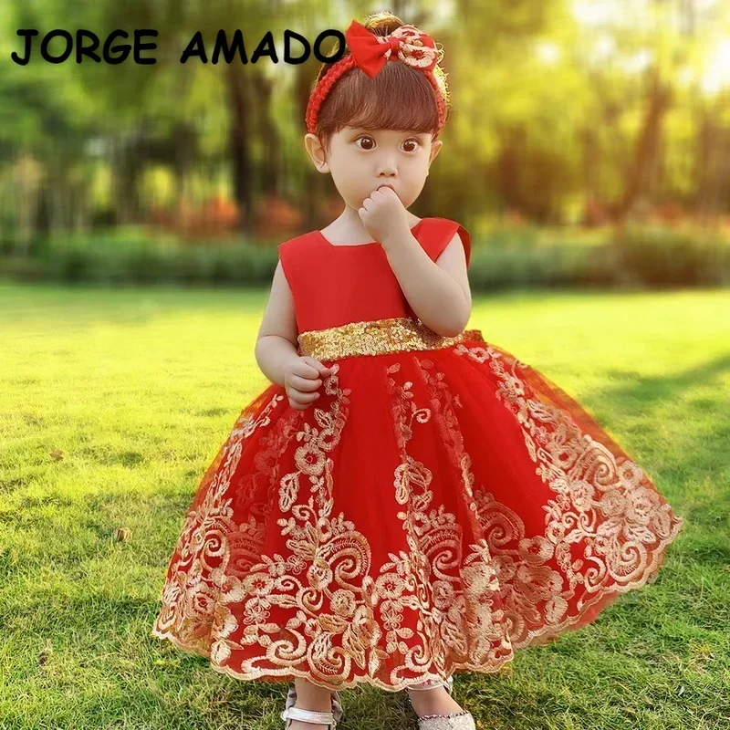 2024 Baby Girls Party Dress Sleeveless Champagne Embroidery Princess Dress with Headband Wedding Perform Birthday E8557