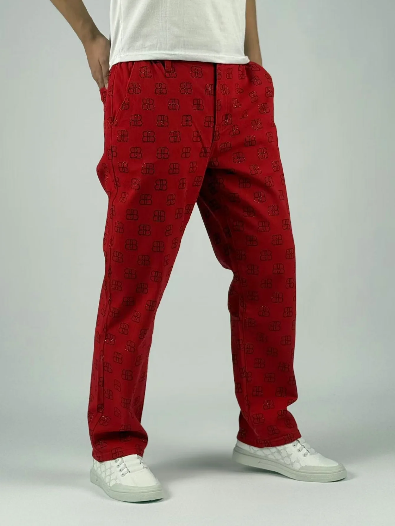 

KING JEANS Men's Stretch Waist Pants - Loose Straight Fit - Business Style Classic Print - Classic Versatile Red