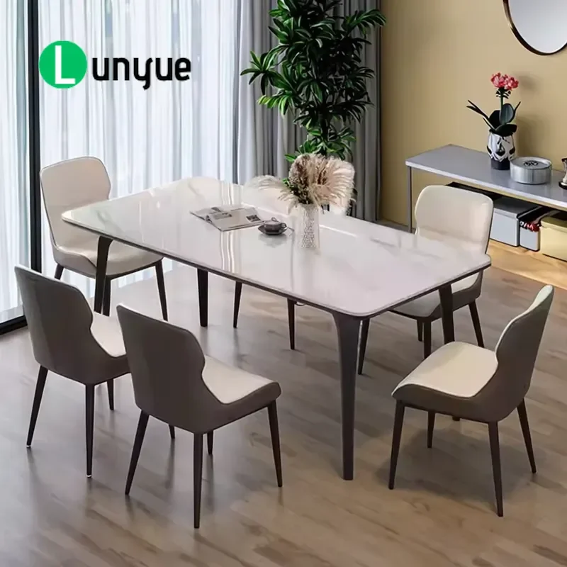 Modern Luxury Metal Marble Dining Table Set 8 Seater Rectangle Shape Warm Matte Tone with Chairs for Home Furniture