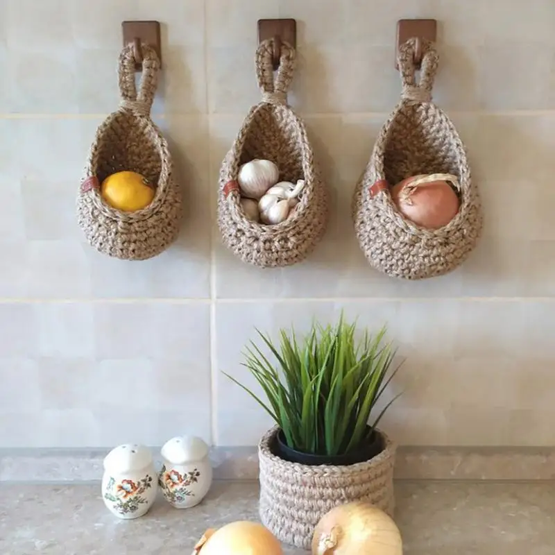 1PC Hand-woven Basket Wall Kitchen Hanging Net Pocket Cotton Rope Water Drop Fruit Vegetable Storage Basket Home Organizer Tools