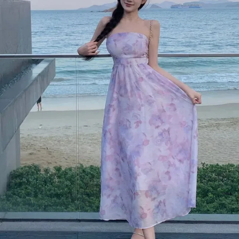 Women Summer Floral Print Sexy Off Shoulder Backless Elegant Party Dresses High Waist Lace-up Sleeveless Slim Beach Maxi Dress