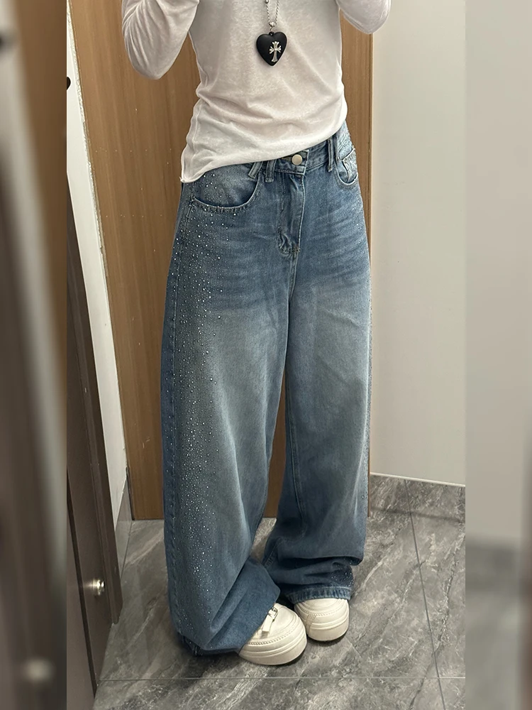 

American High Street Design Sparkling Diamond Splicing Jeans Women Summer New Style Fashionable Versatile Floor-Length Pants
