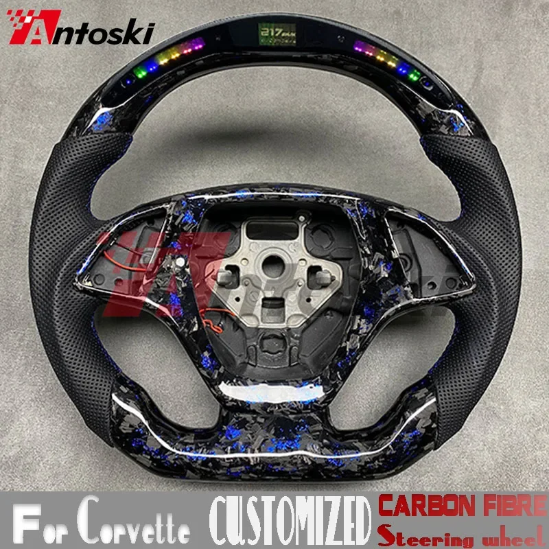 For Chevrolet Camaro SS Corvette C7 C8 custom carbon fiber steering wheel forged blue LED display perforated leather