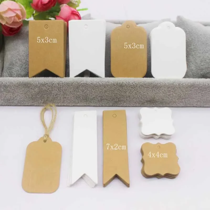 علامات تعليق الهدايا الورقية المختلفة، 100 قطعة لكل دفعة، ملصقات تغليف الهدايا من ورق الكرافت الأبيض، ملصقات الأسعار المصنوعة يدويًا