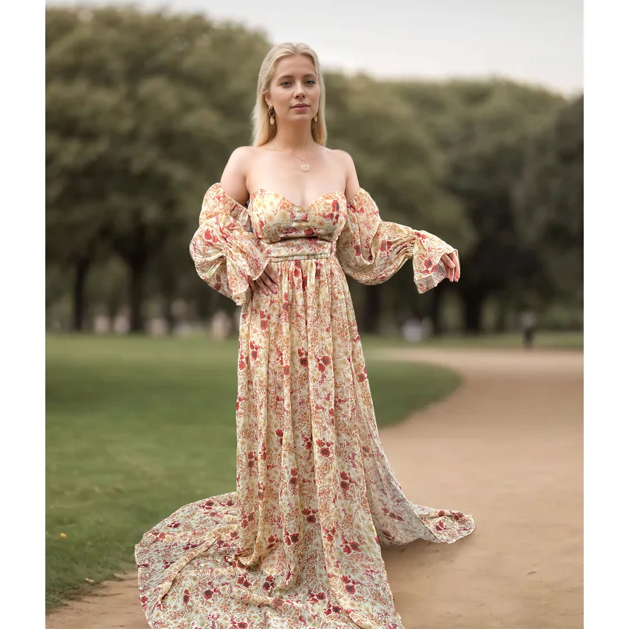 

Don&Judy Sexy Off The Shoulder and Side Slit Floral Dress Maternity or Non-maternity Party Photoshoot Chiffon Dresses for Women