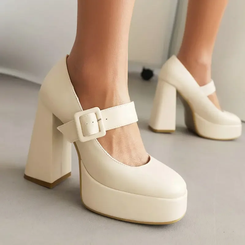 الوردي البرتقالي الكلاسيكية مغلقة جولة تو السيدات فستان الحفلات مضخات كبيرة مشبك حزام منصة عالية الكعب أحذية امرأة ماري جينس الكعوب