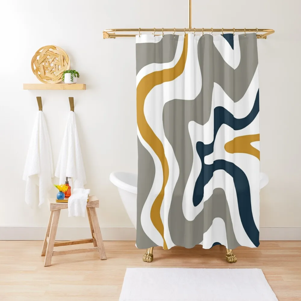 

Liquid Swirl Contemporary Abstract in Mustard Yellow, Navy Blue, Grey, and White Shower Curtain Curtain For Bathroom Shower