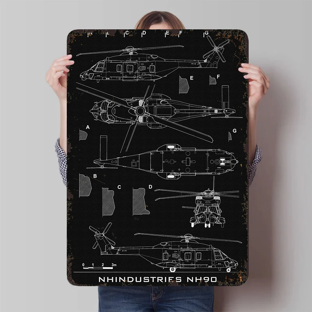 NHIndustries NH90 Helicopter Blueprint Metal Wall Art Military Aviation Decor for Home Office