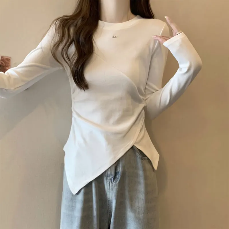 

Irregular Solid Color Pullovers Spring Autumn Stylish Asymmetrical Female Clothing Casual Slim Folds Basic Long Sleeve T-shirt