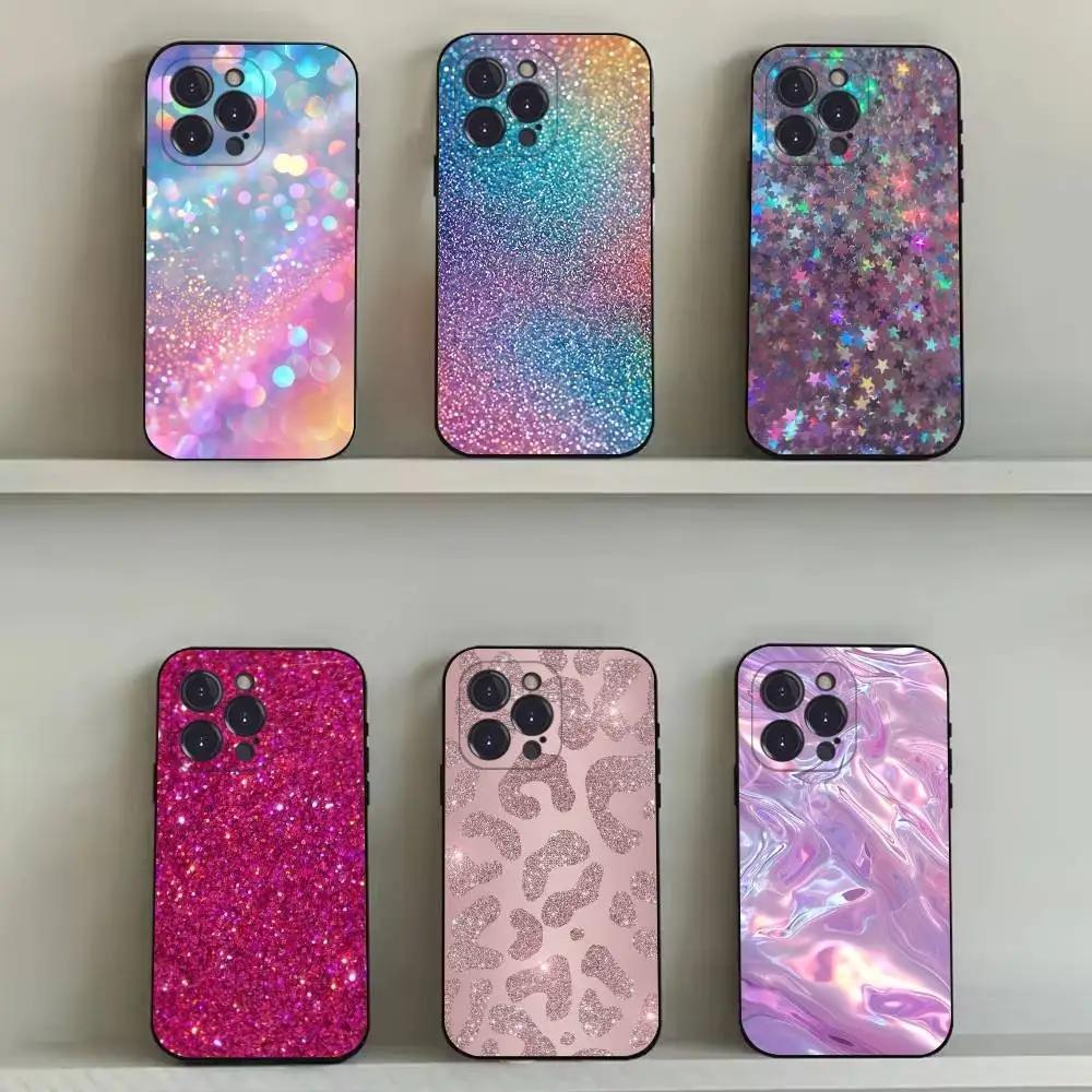

Pink Glitter Transparent Phone Case For iPhone 16,15,14,13,12,11,Pro,Max,Plus,X,XS,SE4,E,Mini,Soft Black Case