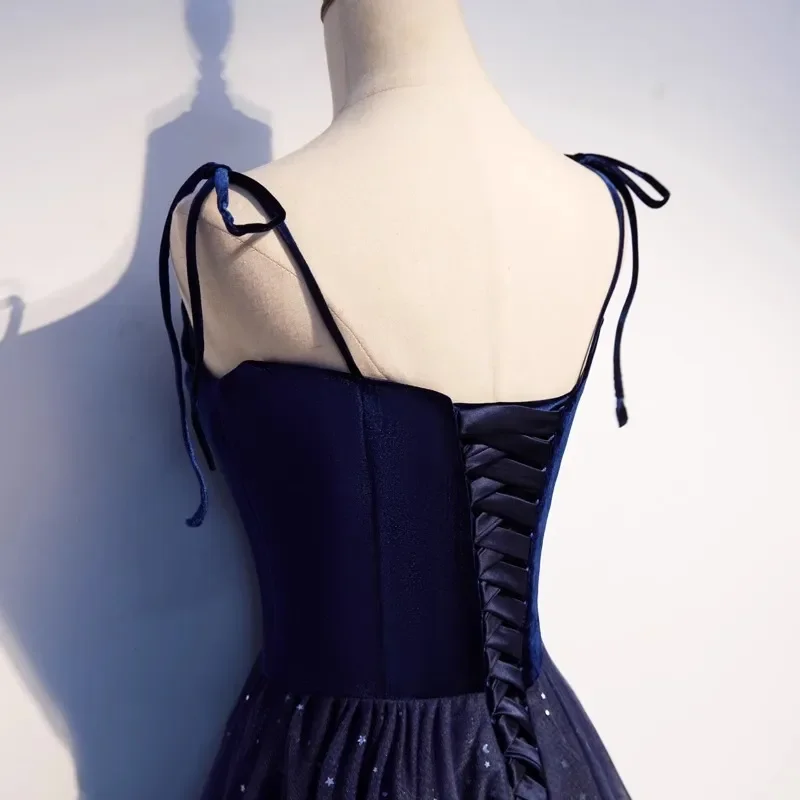 Navy Blue Velvet & Tulle Evening Dress with Starry Glitter Skirt & Corset Back for Prom, Quinceanera & Formal Events